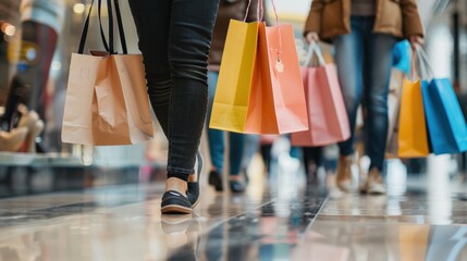 Naklejka premium Shoppers Walking With Colorful Shopping Bags.