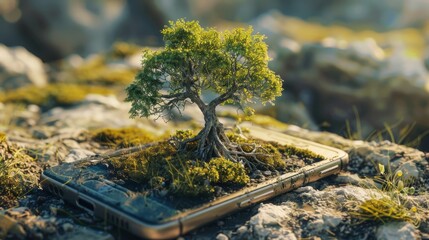 Nature reclaiming technology, tree growing from broken mobile phone, highly realistic and detailed
