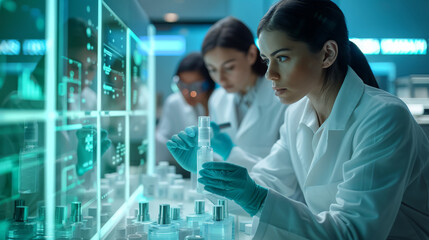 Scientists working in a futuristic laboratory, analyzing samples and data displayed on advanced digital interfaces.