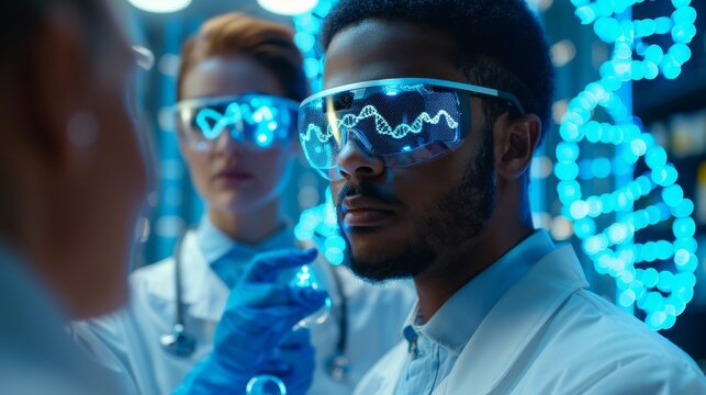 Scientists analyze data with advanced AR technology in futuristic lab, focusing on DNA sequencing and molecular structure visualization.