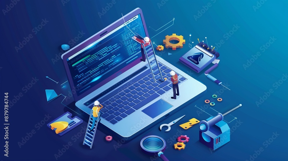 Wall mural this image represents an isometric scene where workers are depicted on ladders fixing bugs in the co