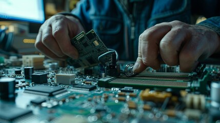 A technician is carefully installing a small component onto a motherboard, demonstrating intricate work with electronic devices in a focused workspace filled with equipment.