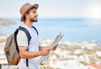 Journey, map and profile of man with backpack for travel, adventure and direction in Spain. Male tourist, smile and sight seeing in city for vacation, decision and route choice in summer for holiday