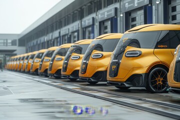 A Row of Yellow Delivery Vehicles Parked Outside a Warehouse