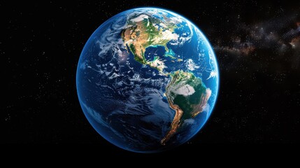 Fototapeta premium Striking view of Earth from space, highlighting Americas, vibrant blue oceans, lush green continents, and the vast expanse of outer space.