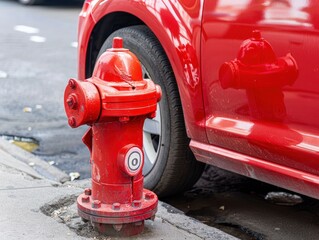 Red fire hydrant and red car parked on the sidewalk.