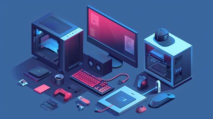A complex gaming station displaying multiple computer components, monitor, keyboard, mouse, gaming accessories, and cables, creating a dedicated gaming area.