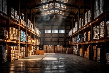 Sunbeams Illuminate Rows of Pallets in a Large Industrial Warehouse