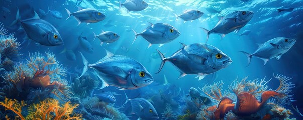 Fototapeta premium Vibrant underwater ocean scene with a school of blue fish swimming near coral reefs, showcasing marine life and diverse aquatic organisms.