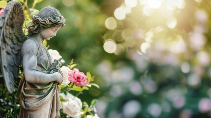mourning angel statue with flowers peaceful memorial bokeh background, copy space for text