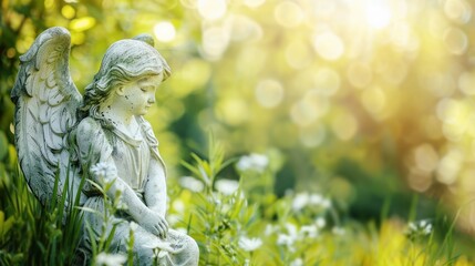 angel statue in sunlit garden symbol of mourning and remembrance with bokeh background, copy space for text