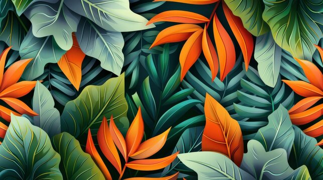 Vibrant tropical leaves in shades of green and orange create a stunning botanical pattern, perfect for nature-inspired designs.