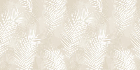Tropical pattern, palm leaves seamless vector background. Exotic plant on watercolor stains jungle print. Leaves of palm tree. Gentle flying feathers