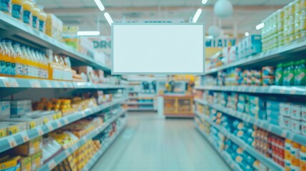Wide supermarket aisle with shelves filled with various products and a blank sign overhead, perfect for commercial use or advertising.