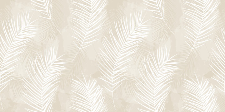 Tropical pattern, palm leaves seamless vector background. Exotic plant on watercolor stains jungle print. Leaves of palm tree. Gentle flying feathers
