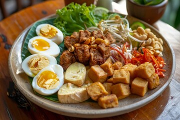 A plate of Indonesian salad with assorted toppings and peanut cashew sauce