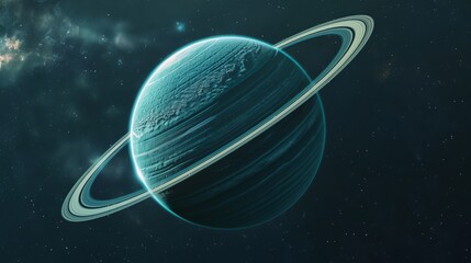 A stunning and detailed image showing a blue planet with a prominent ring system, floating in the vastness of space, emphasizing its beauty and scale.