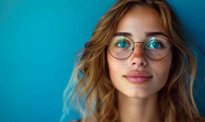 Obraz premium Close-up Portrait of Cheerful Creative Young Woman with Glasses Smiling Against Vibrant Blue Background Conceptualizing Solution Strategy Daytime