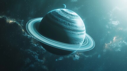 An image of a blue planet with striking rings and a visible moon, set against the backdrop of outer space, highlighting the celestial beauty and presence.
