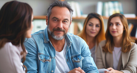 Rehab Group Meeting with Psychiatrist in Casual Setting Discussing Mental Health Recovery and Support During Daytime, Focused Therapy Session in Warm and Supportive Environment