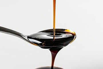 Adding soy sauce to spoon on white background
