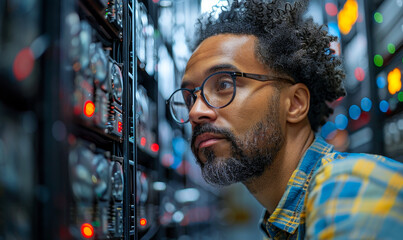 Focused IT Technician Inspecting Server Rack in Modern Data Center at Night, Wearing Glasses and Plaid Shirt, Concept of Professional Technology Maintenance and Network Security