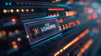 Fototapeta premium Futuristic data center with a loading screen showing 2025 loading. High-tech concept highlighting information processing and server technology.