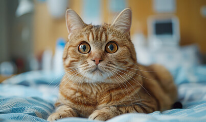 Close-up of Orange Tabby Cat on Vet Examination Table During Routine Checkup in Well-lit Clinic, Feline Health and Veterinary Care, Morning Visit, Pet Healthcare Theme
