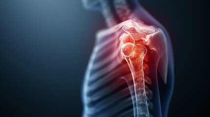 X-ray image showing shoulder pain with highlighted inflammation in the joint, emphasizing skeletal anatomy and medical conditions.