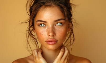 Fototapeta premium Serious young woman choosing product, isolated on pastel beige, hands out, thoughtful decision-making concept, charming beauty with freckles, close-up portrait, daytime, neutral background