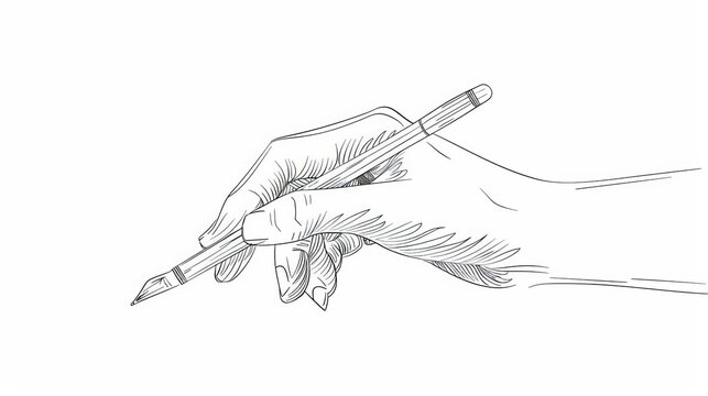 An elegant line drawing depicting a single hand firmly gripping a pen while drawing on a paper, with an emphasis on the realistic portrayal of the hand&rsquo;s anatomy and line precision.