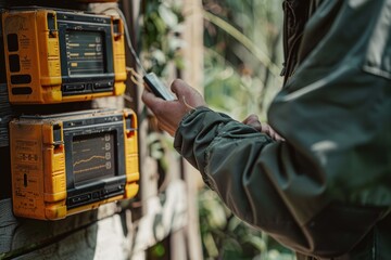 Beekeeper Using Digital Equipment to Monitor Hive Health in Apiary, Close Up on Advanced Device