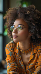 Dreamy African American Businesswoman Thinking at Desk in Office, Working on Laptop in Daylight, Reflective and Contemplative Mood