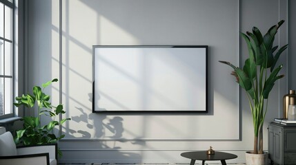 A clean, blank flat screen television hanging elegantly on the wall in a chic living room space.