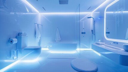 Modern Bathroom With Blue Lighting and White Fixtures