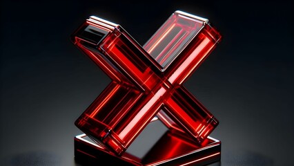 3d render of red glass model of false sign in dark background