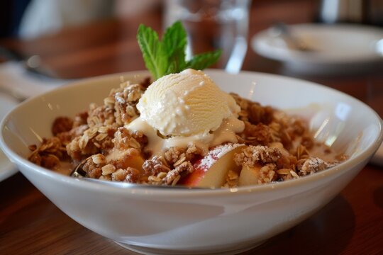 Apple crumble topped with vanilla ice cream