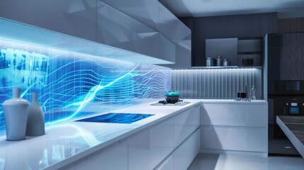 Modern Kitchen With Blue LED Backsplash and White Cabinets