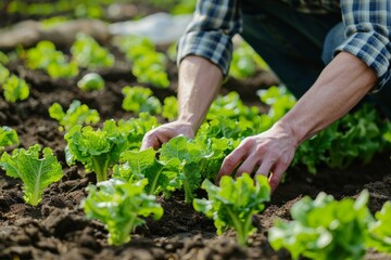 Fototapeta premium Farmer planting young seedlings of lettuce salad in the vegetable garden