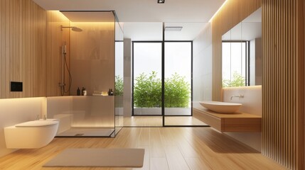 Modern Bathroom With Glass Shower and Wooden Walls