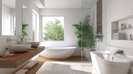 Fototapeta premium Modern Bathroom With Freestanding Tub And Large Window