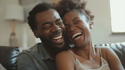 A happy couple is laughing heartily while sitting close together on a cozy couch in a warmly decorated living room, capturing a moment of joy and togetherness.
