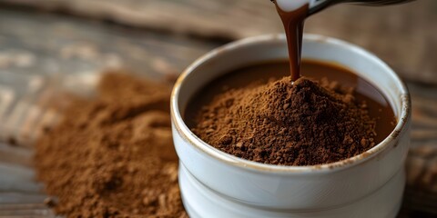 Close-Up View of Pouring Mushroom Coffee Powder into a White Cup. Concept Food Photography, Coffee Pouring, Close-Up Shots, White Cup, Mushroom Coffee