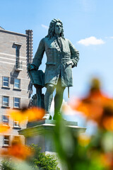 Portrait format photo of Georg Friedrich Händel monument on the market square of Halle Saale. Town...