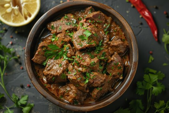 Arabic dish of beef liver masala kaleji isolated on table top view