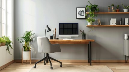Modern Home Office With Desk, Chair, And Plants