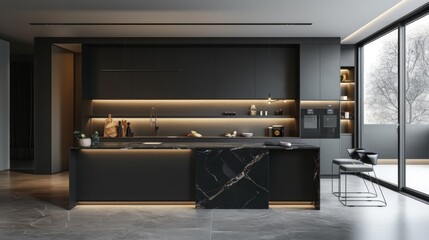 Modern Kitchen Interior With Black Cabinets And Marble Countertop