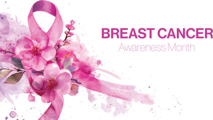 Breast Cancer Awareness Month banner, with pink ribbon, flower