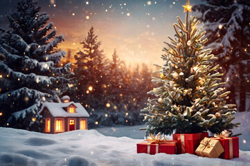 Obraz premium Christmas tree and gifts on the snow, village, house, forest on the background. Magical snowy new year eve, festive, magic winter holidays template for design, greeting postcard with copy space.