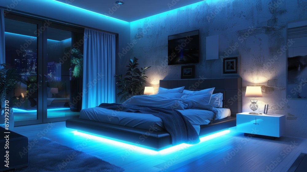 Wall mural modern bedroom interior with blue led lighting at night